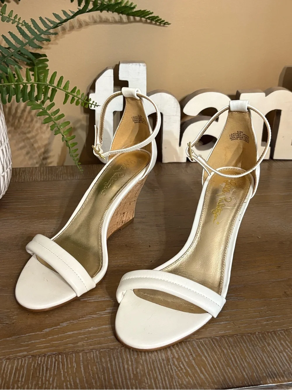 Lilly Pulitzer Jenna Wedge Resort White Ankle Strap Sandals Cork Wedge Size 6.5M